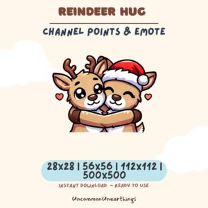 Cute reindeer hug Christmas emote for Twitch and Discord, available in multiple sizes for channel points and streaming.