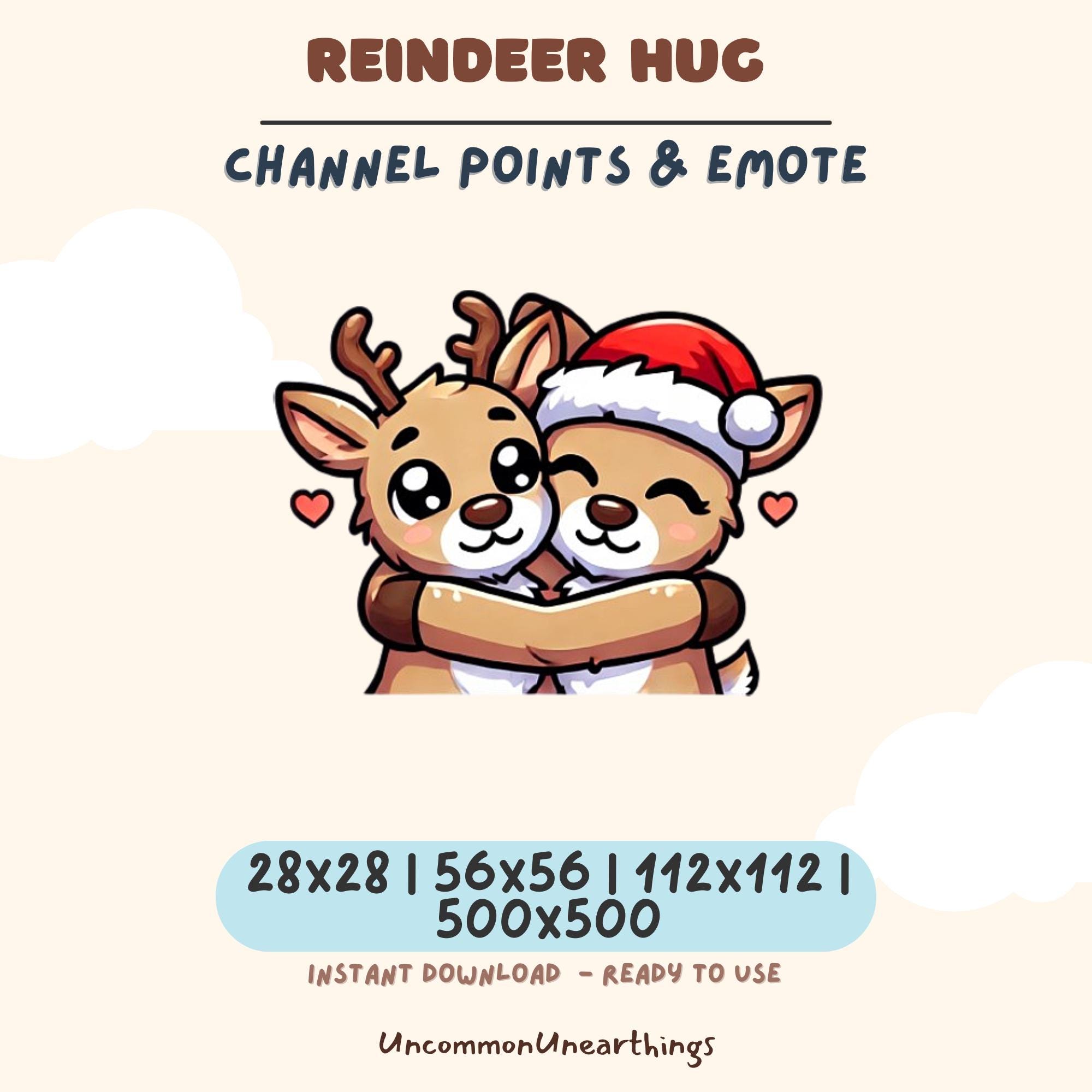 Cute reindeer hug Christmas emote for Twitch and Discord, available in multiple sizes for channel points and streaming.
