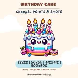 Cute birthday cake emote with candles and candy, channel points and Discord emoji, colorful kawaii design