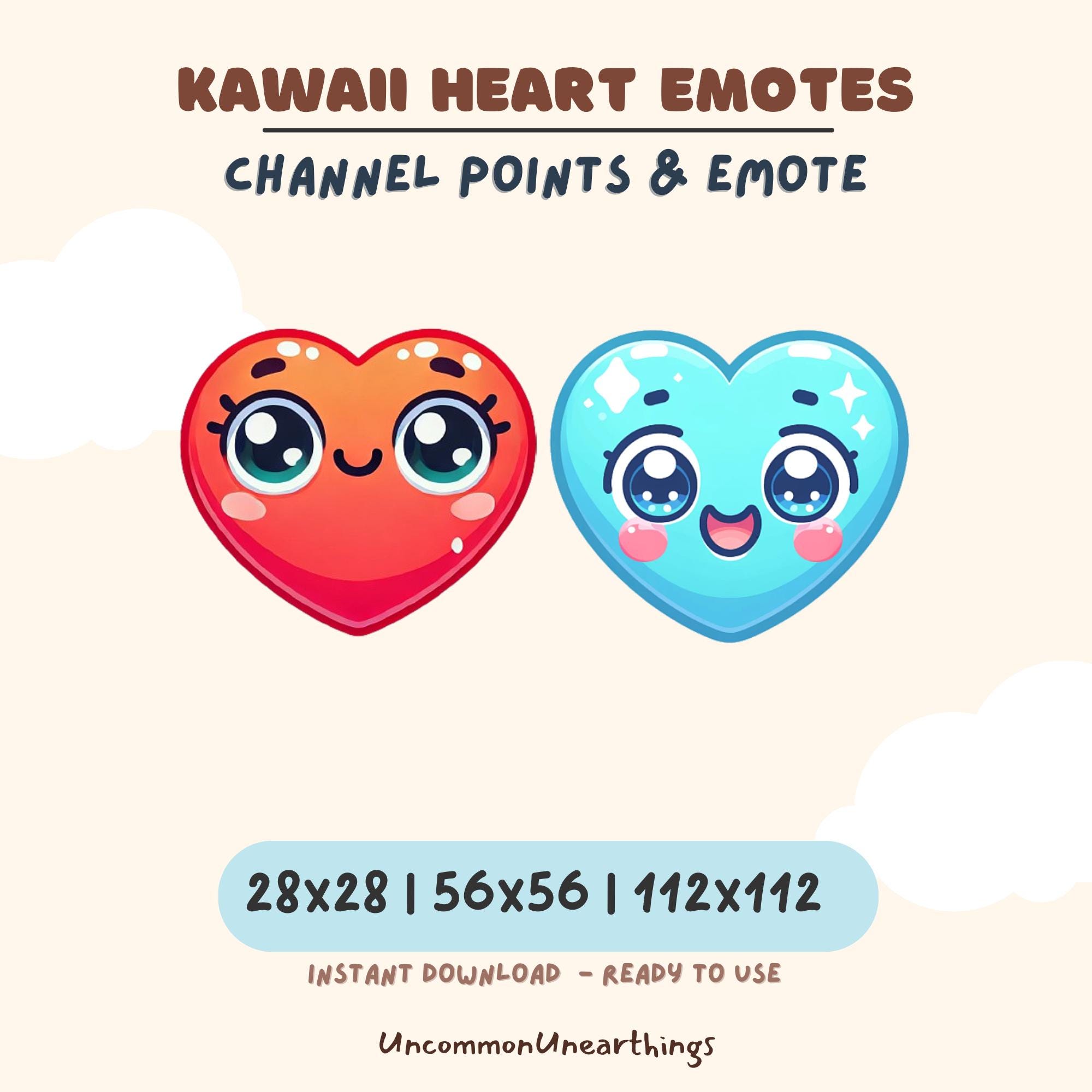 Kawaii heart emotes for Twitch and Discord - cute red and blue heart characters with big eyes, instant download PNG files ...