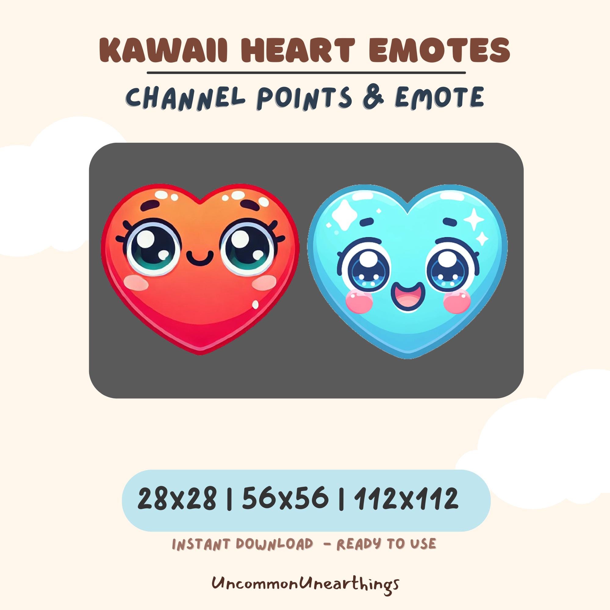 Kawaii heart emotes for Twitch and Discord - cute red and blue smiling hearts with big eyes, available in 28x28, 56x56, an...