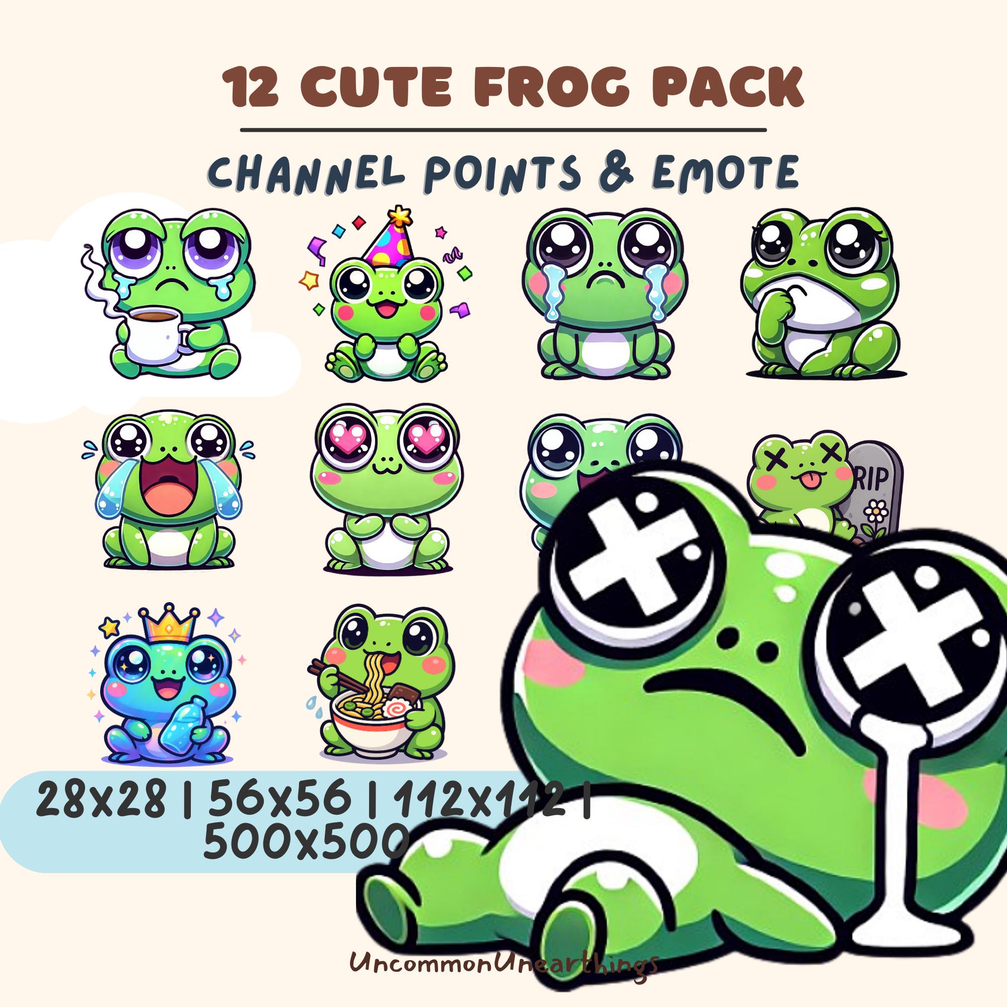 12 cute frog emotes pack for Twitch and Discord with channel points and emote designs in multiple sizes