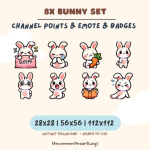 8x Cute Bunny Emotes and Badges Set for Twitch and Discord - Sleepy, Crying, Happy, Reading, and More