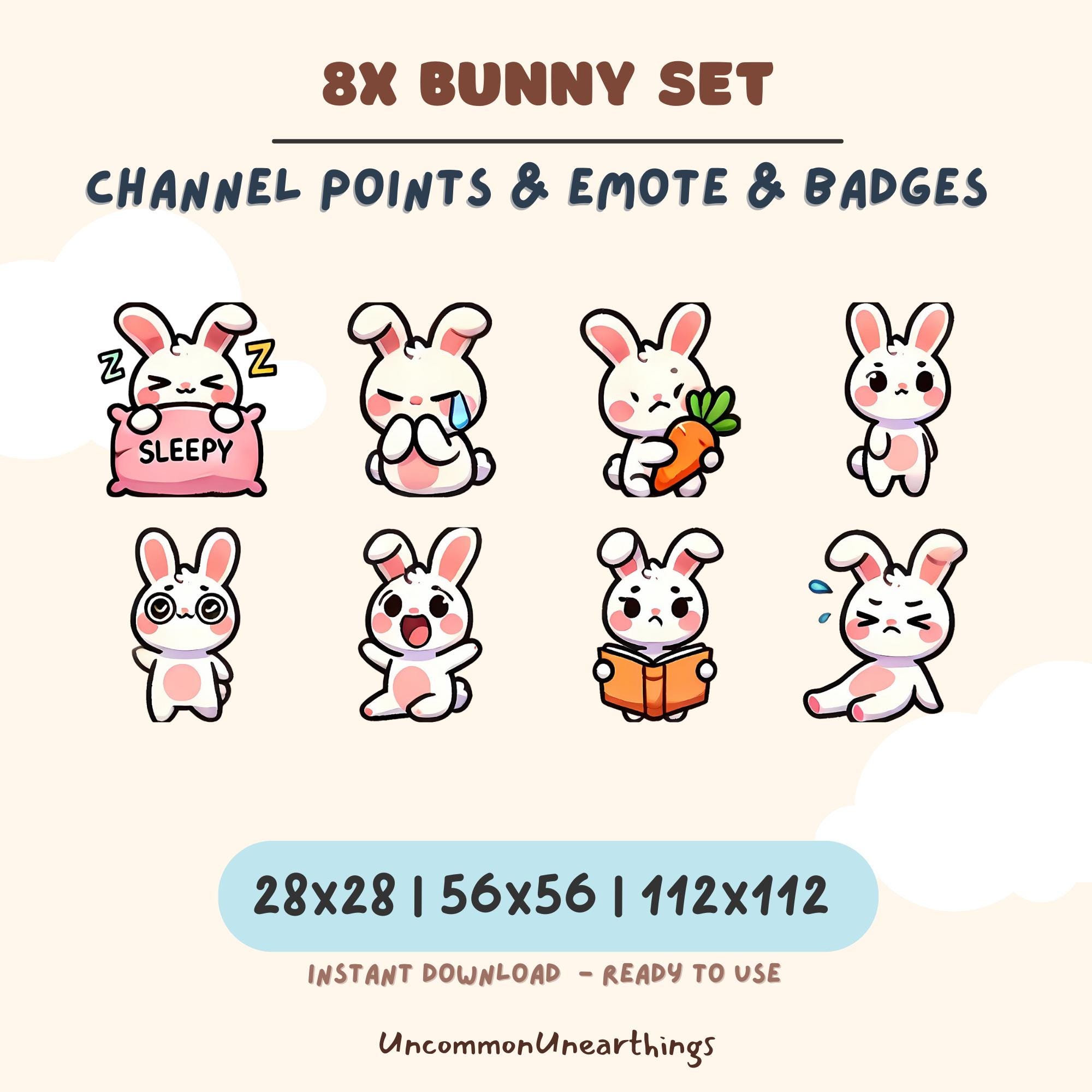 8x Cute Bunny Emotes and Badges Set for Twitch and Discord - Sleepy, Crying, Happy, Reading, and More