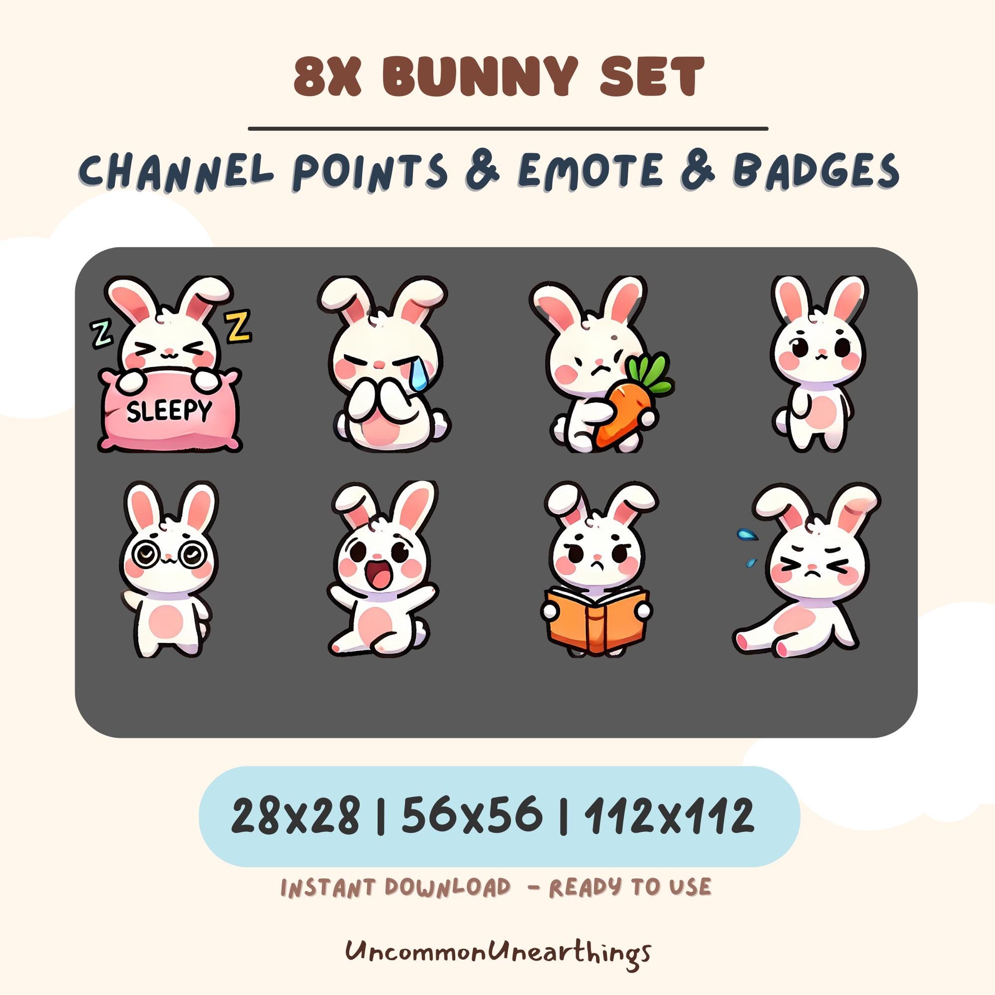 8x cute bunny emote set for Twitch and Discord with channel points, badges, and emotes in three sizes