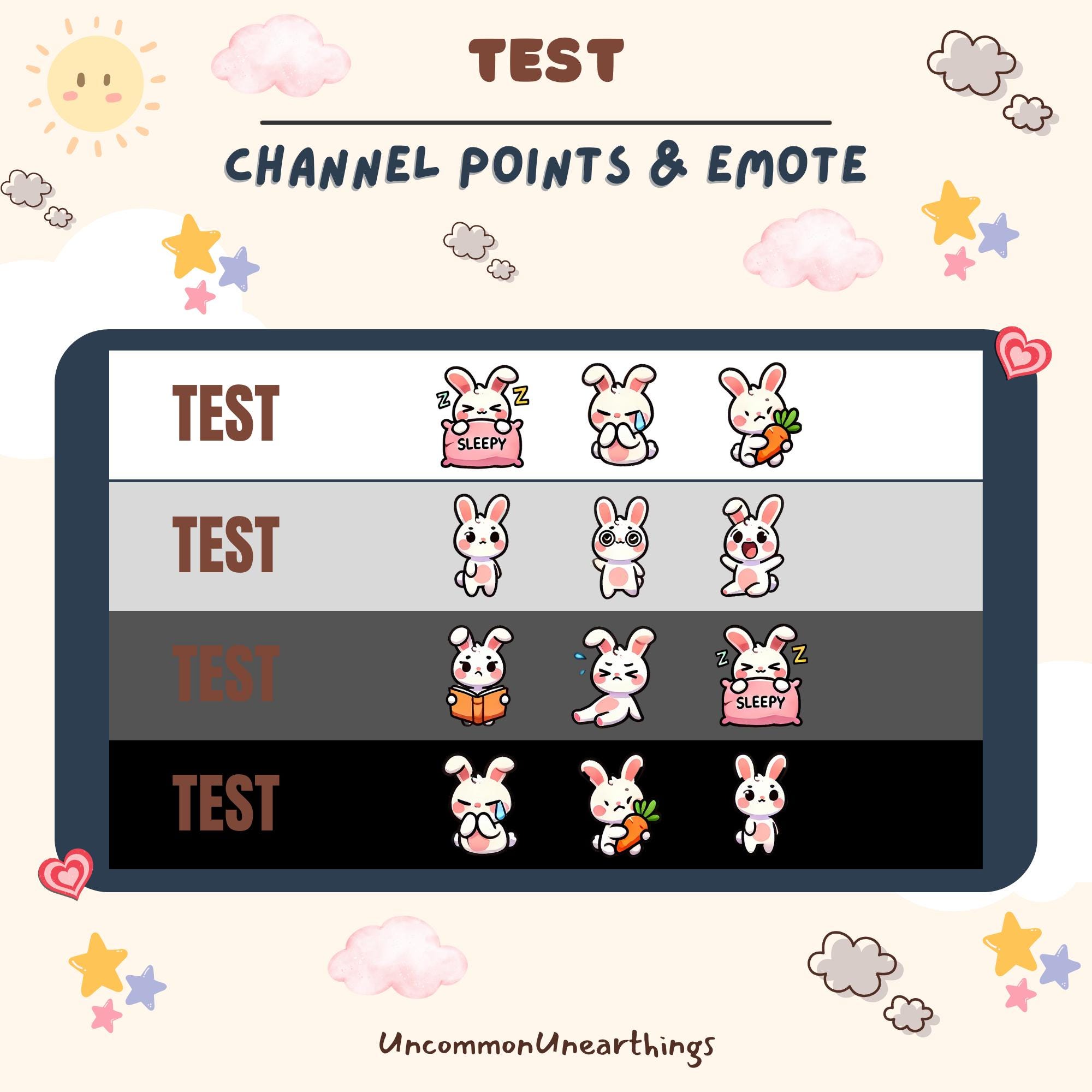 Cute pink bunny emotes set for Twitch and Discord channels - sleepy, happy, sad, reading, crying, and playful rabbit emojis