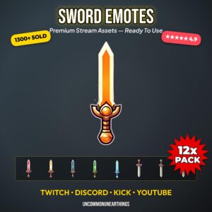 Sword emotes pack for Twitch Discord YouTube streaming - 12 colorful fantasy sword emojis ready to use