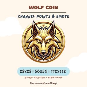 Wolf Coin channel points emote for Twitch and Discord, gold wolf head design, 28x28 56x56 112x112 pixels