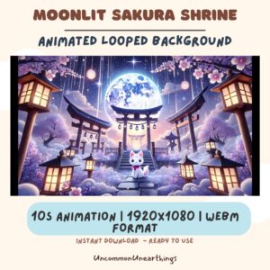 Moonlit Sakura Shrine animated looped background with cat, torii gate, lanterns, full moon, and cherry blossoms in 1920x10...