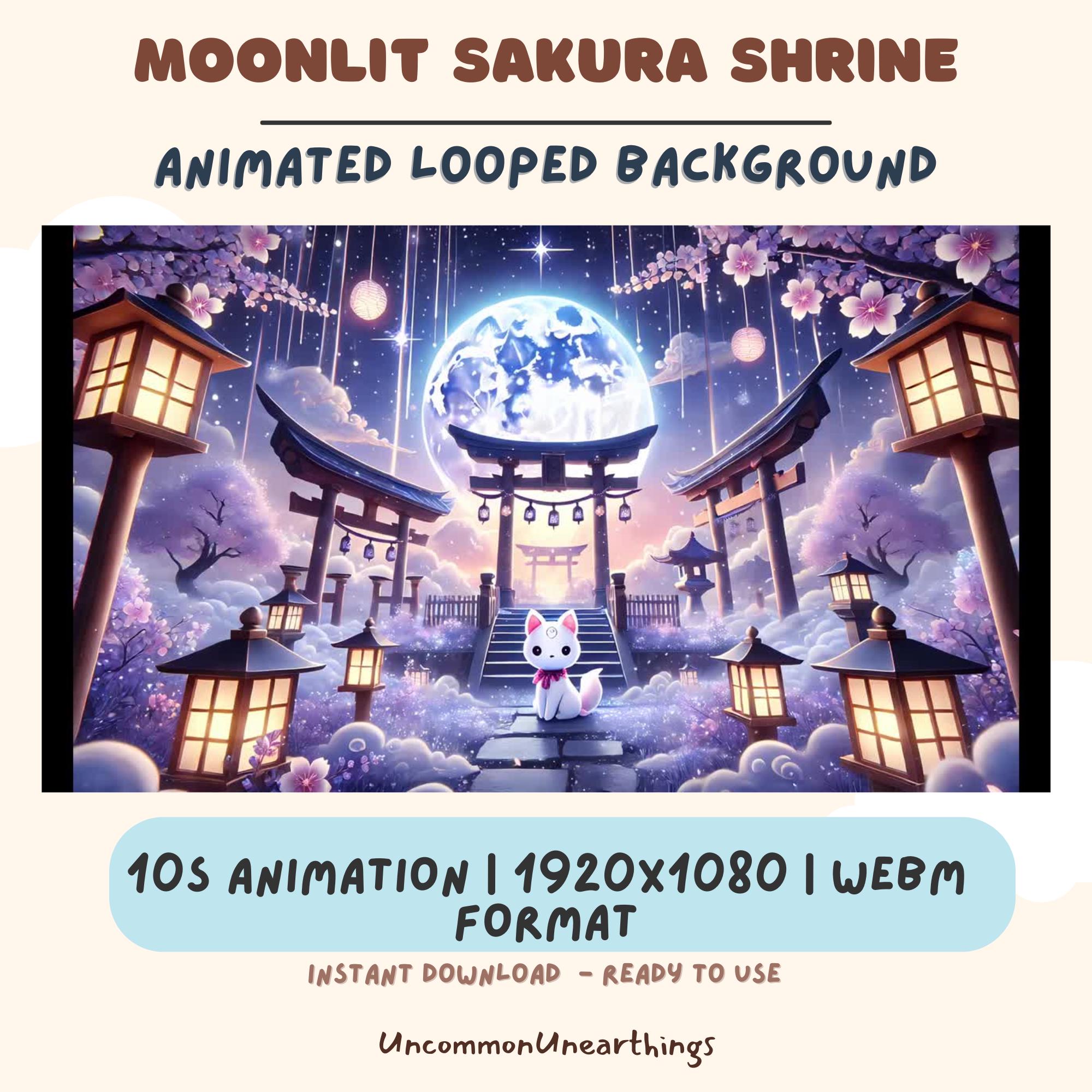 Moonlit Sakura Shrine animated looped background with cat character, lanterns, and full moon in 1920x1080 WebM format