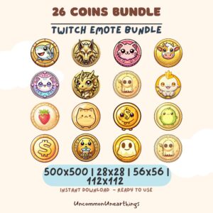 26 cute coin emotes bundle for Twitch and Discord with animals, ghosts, and money designs in multiple sizes