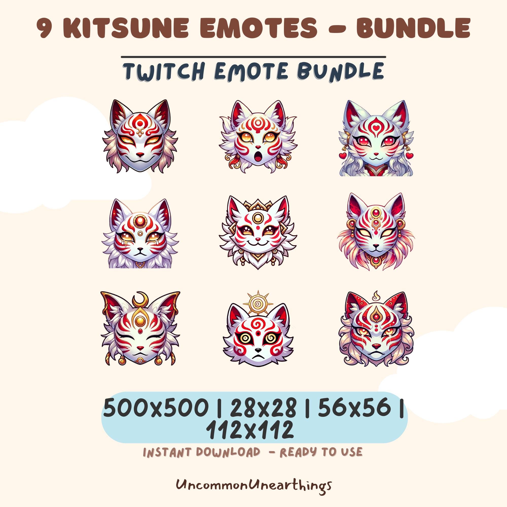 9 Kitsune Twitch emotes bundle with red and white Japanese fox masks, instant download in multiple sizes