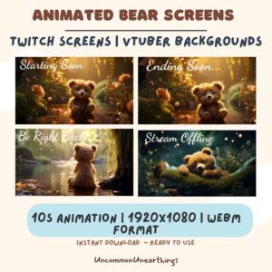 Animated bear screens for Twitch and VTuber backgrounds in 1920x1080 resolution with starting soon, ending soon, be right ...