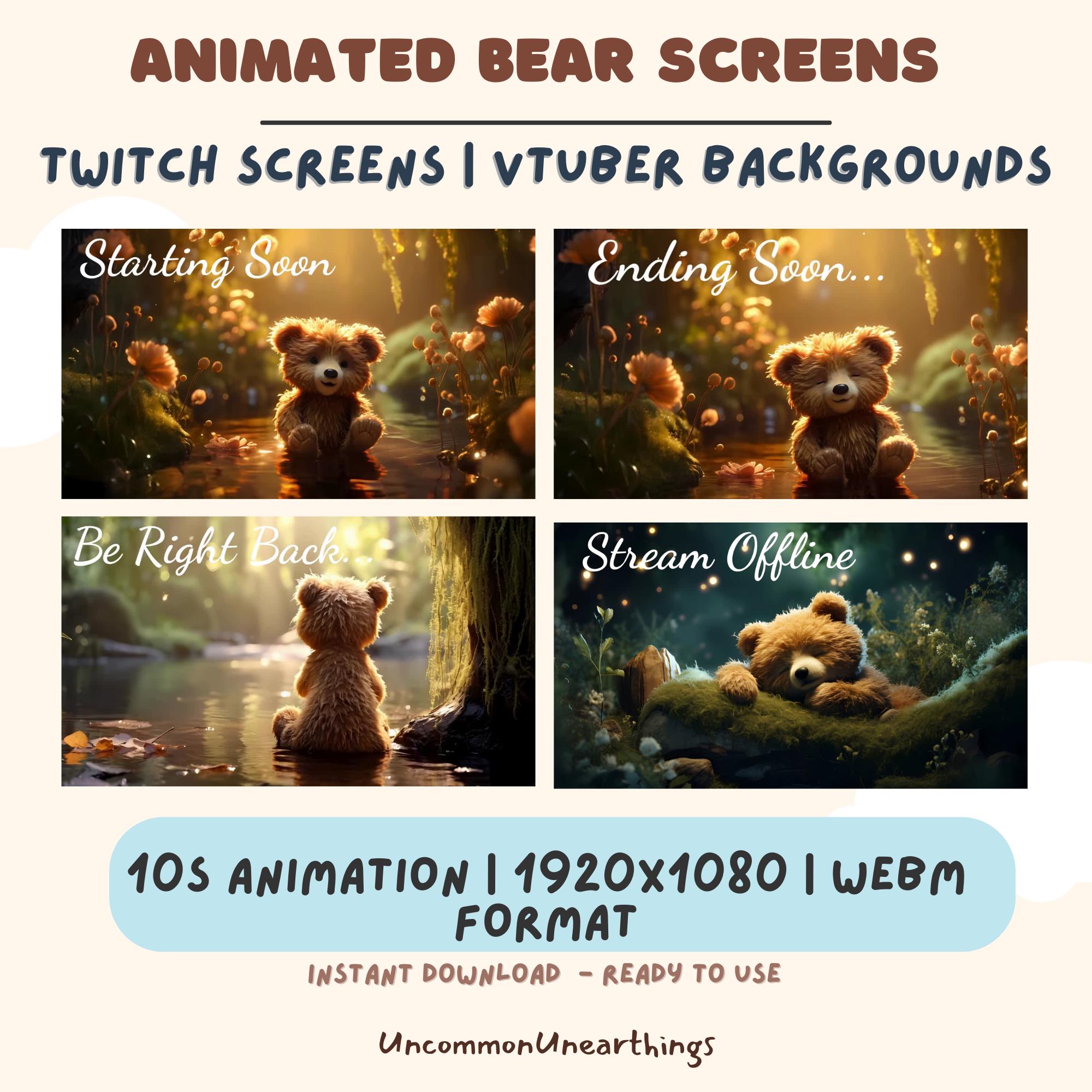 Animated bear screens for Twitch and VTuber backgrounds in 1920x1080 resolution with starting soon, ending soon, be right ...