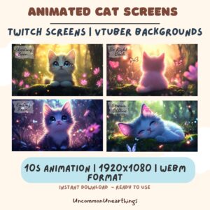 Animated cat screens for Twitch and VTuber backgrounds - 10s loop animation in 1920x1080 WebM format with glowing flowers
