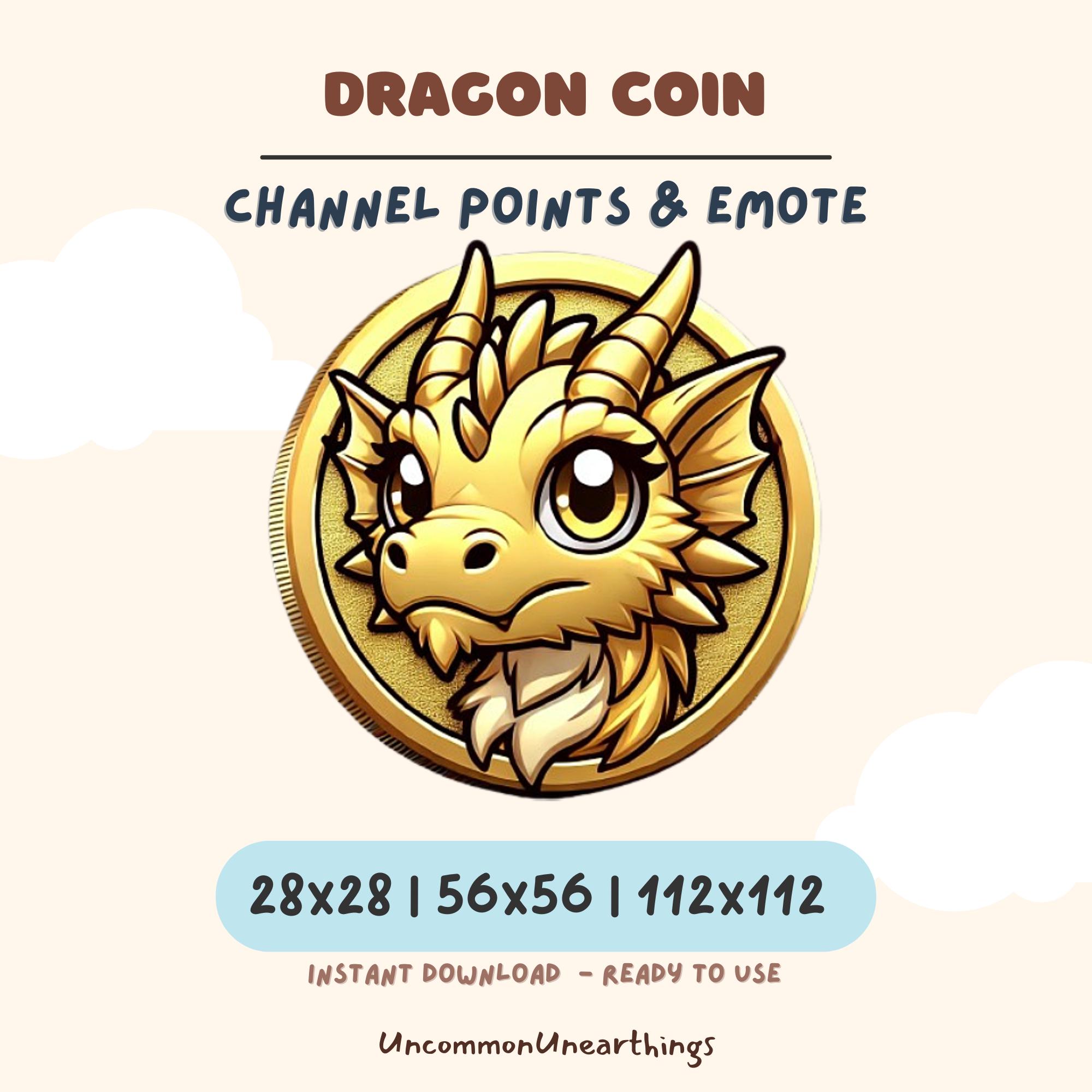 Dragon Coin emote for Twitch and Discord channels - golden dragon head design in 28x28, 56x56, and 112x112 pixel sizes