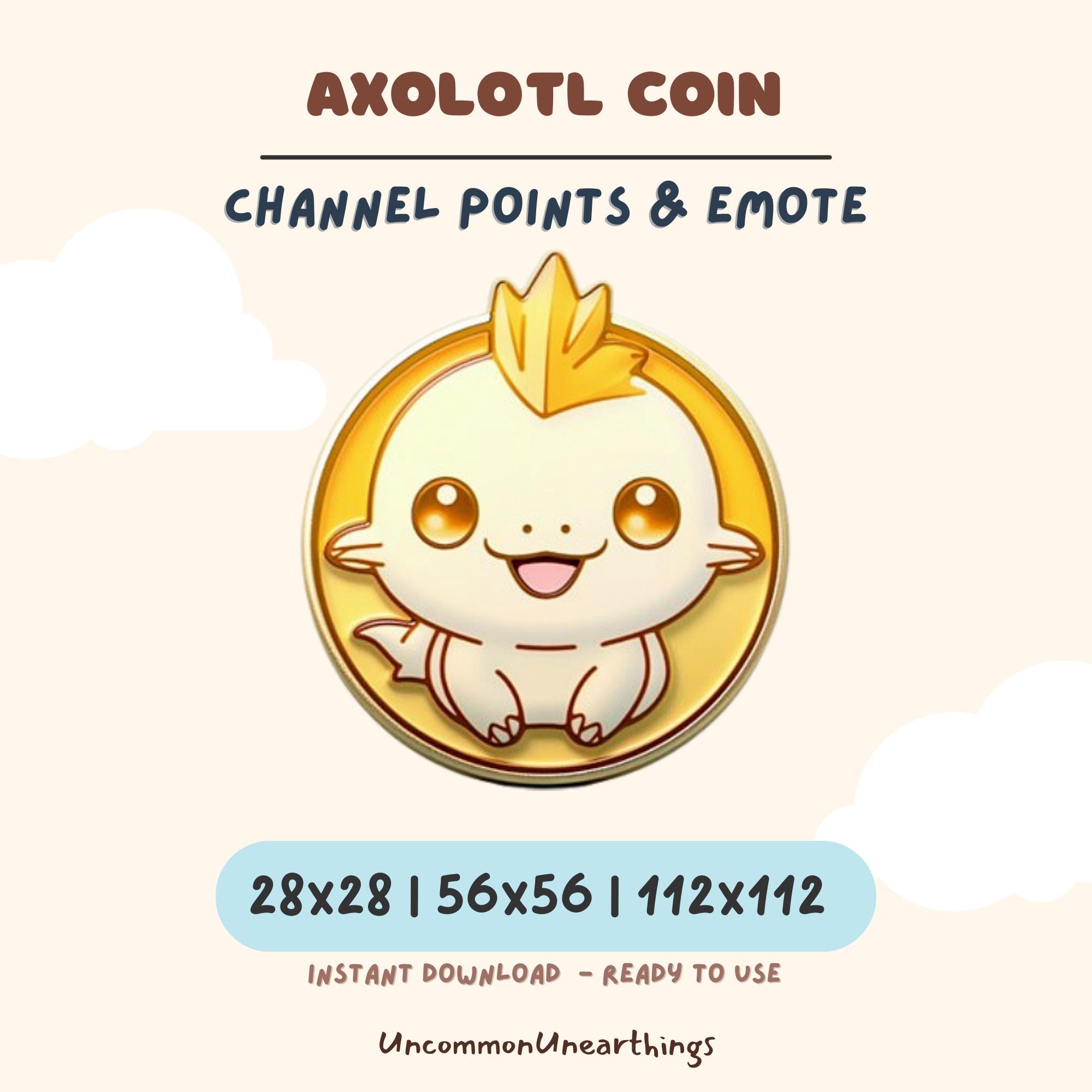 Axolotl coin cute chibi emote for Twitch Discord channel points 28x28 56x56 112x112 pixels instant download