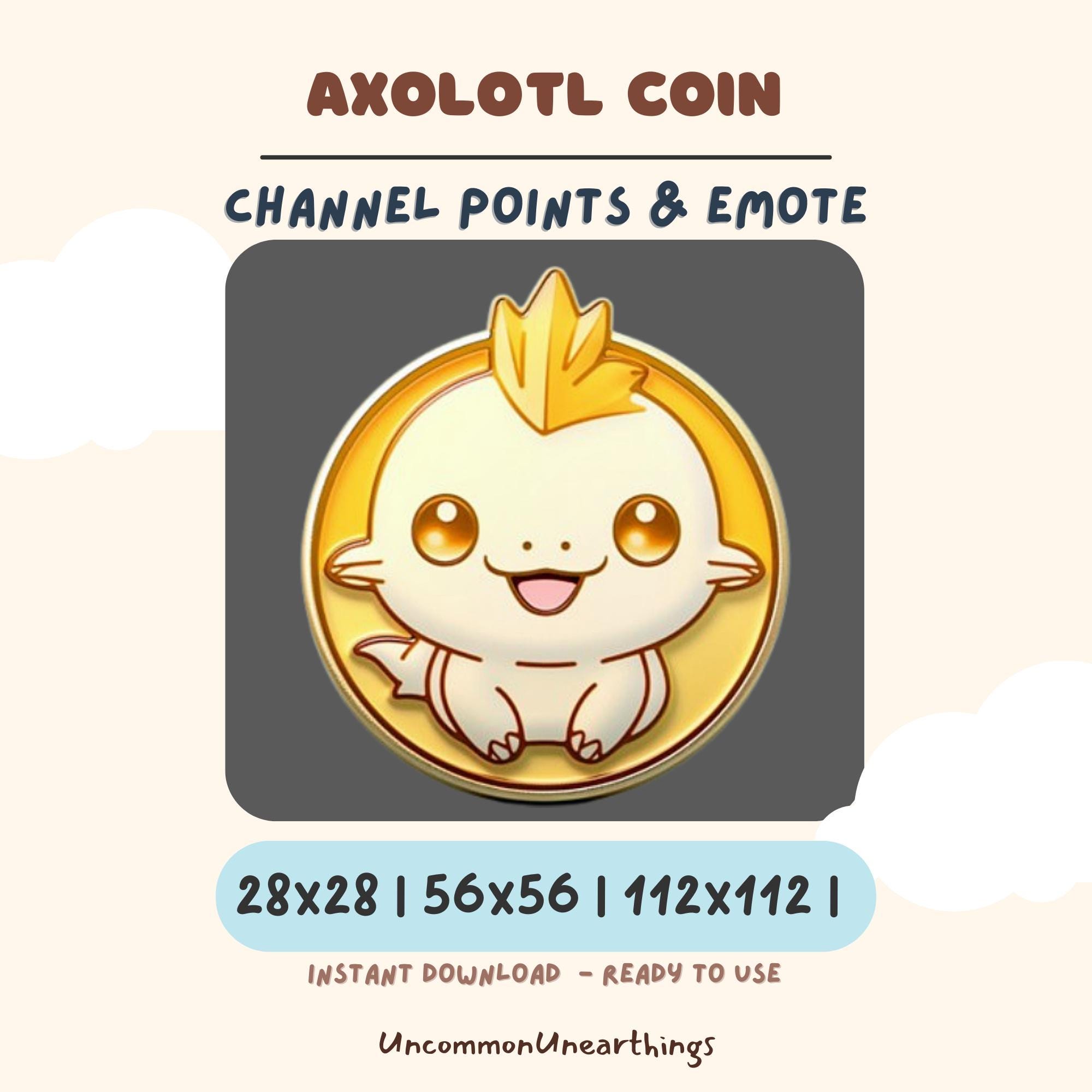 Axolotl Coin cute chibi emote for Twitch Discord channel points rewards happy golden character mascot