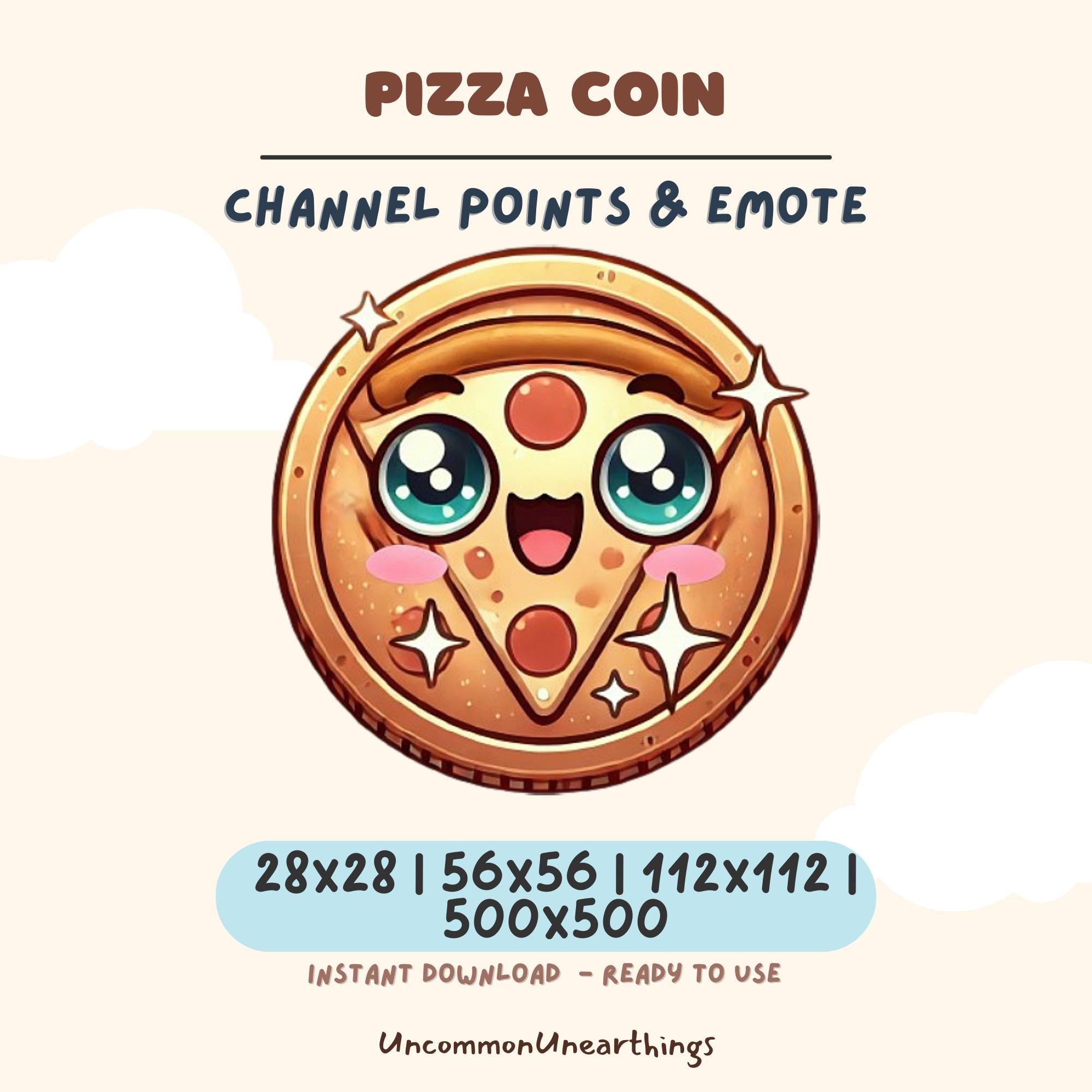 Pizza Coin cute kawaii emote for Twitch Discord, channel points and streaming communities, instant download PNG