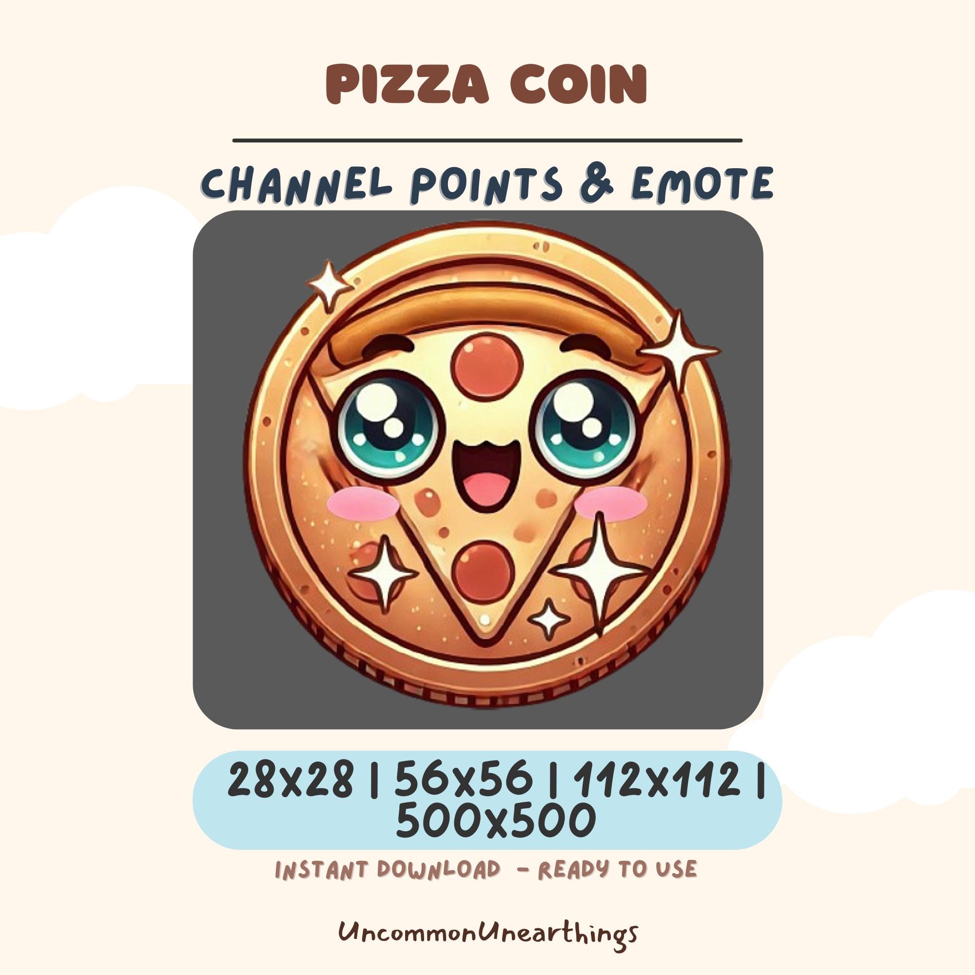 Cute pizza coin emote with big eyes and happy expression, available in 28x28 to 500x500 pixels for Twitch and Discord chan...