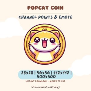 Popcat Coin cute kawaii emote for Twitch and Discord channels, happy expression in gold coin design