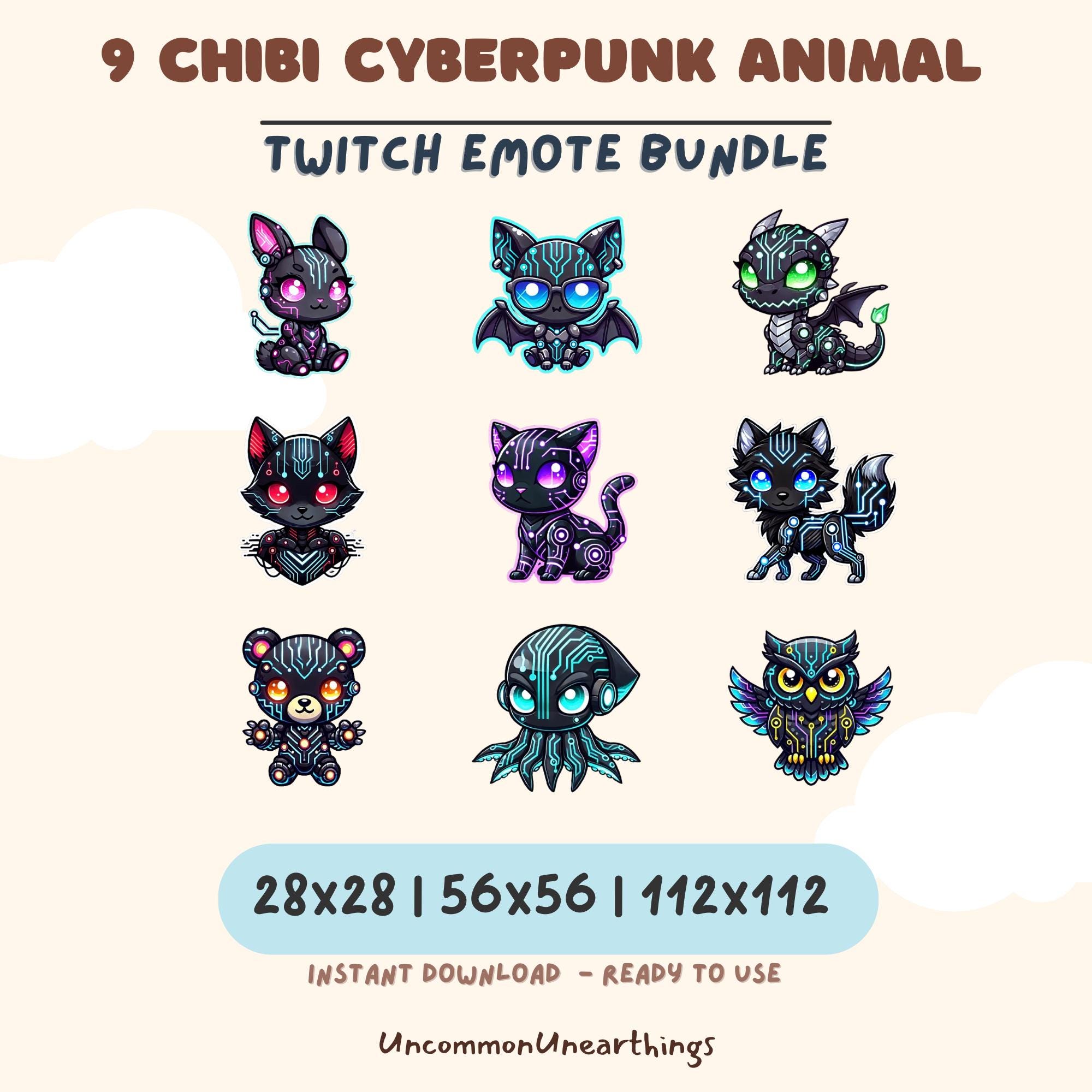9 chibi cyberpunk animal Twitch emote bundle with glowing eyes in purple, cyan, and green neon colors, instant download