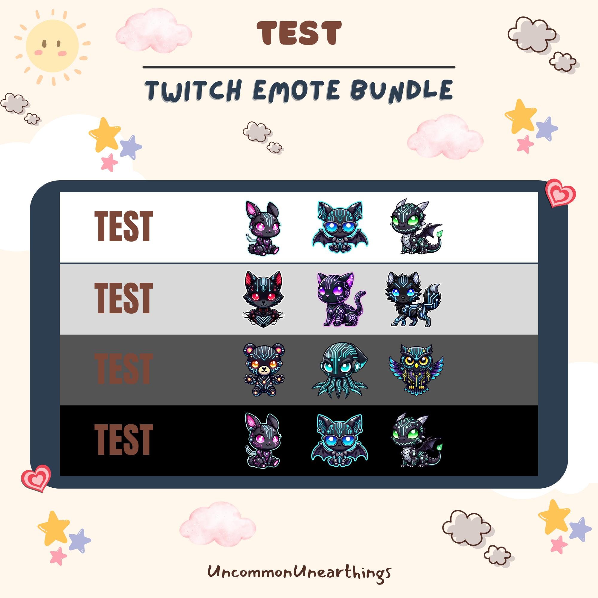 Twitch emote bundle featuring cute and spooky cat designs in neon colors across four themed rows