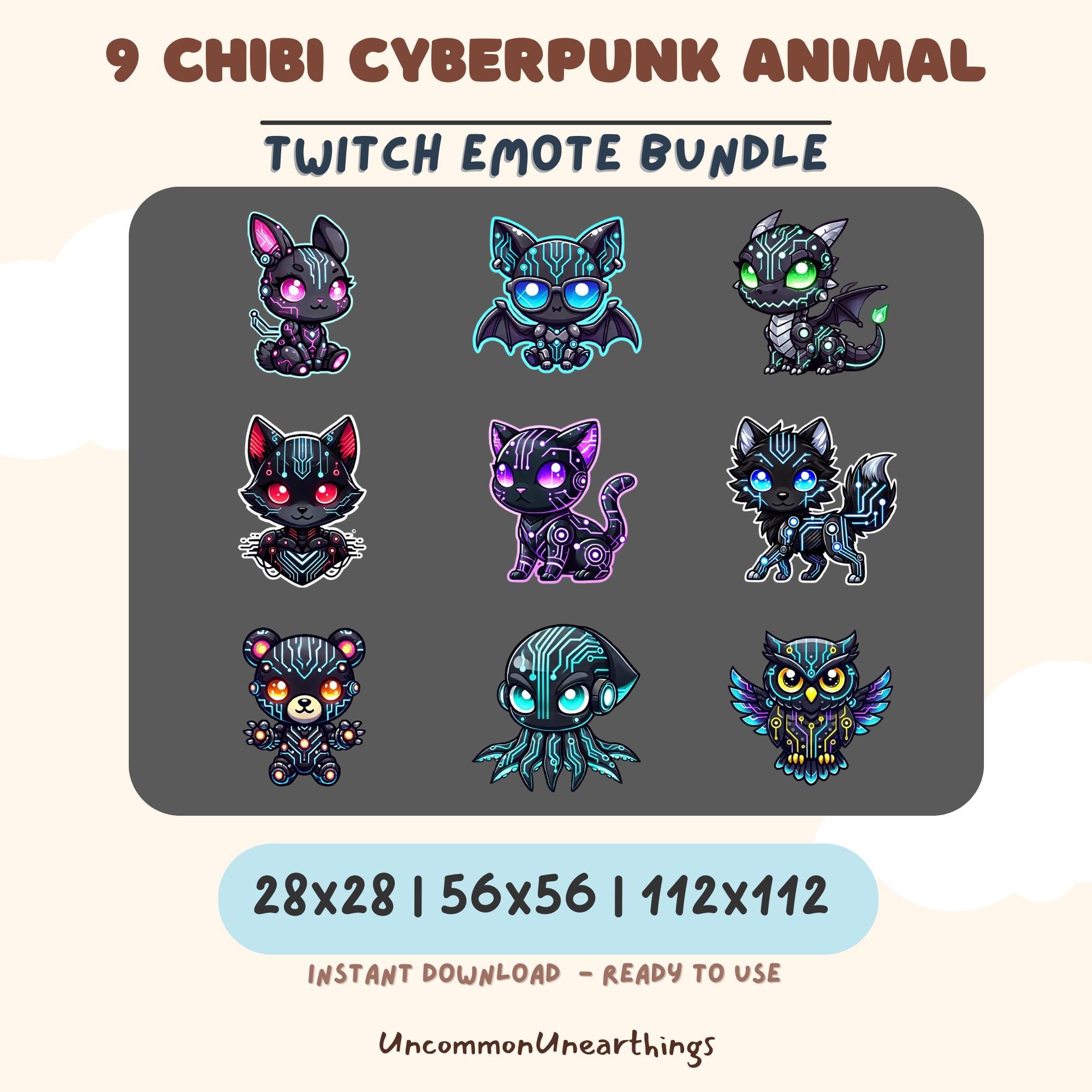 9 chibi cyberpunk animal Twitch emotes bundle with neon glowing eyes, instant download in 28x28 56x56 112x112 sizes