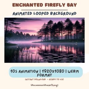 Enchanted Firefly Bay animated looped background with glowing fireflies, forest trees, and misty water at sunset