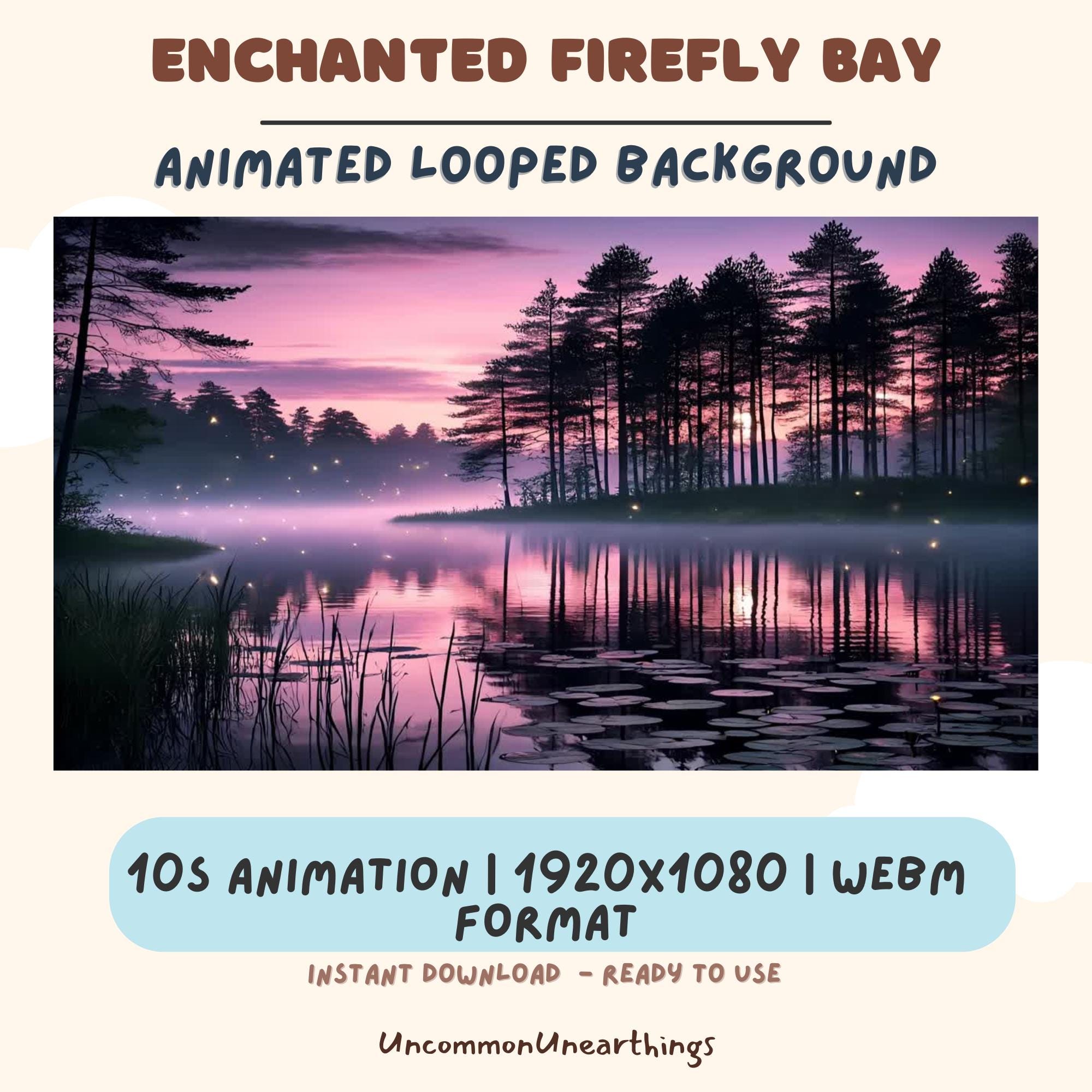 Enchanted Firefly Bay animated looped background with glowing fireflies, forest trees, and misty water at sunset