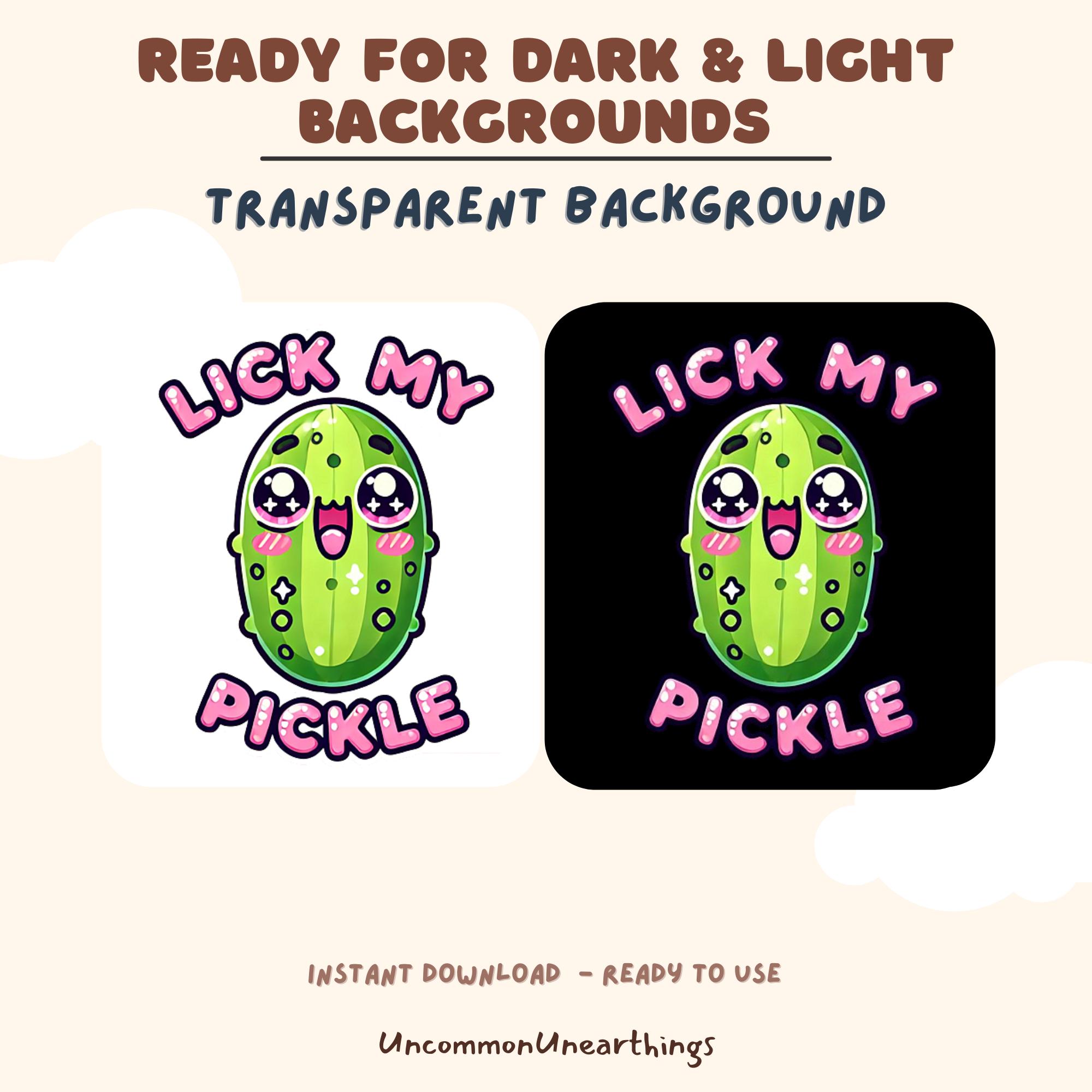 Cute kawaii pickle character emote "Lick My Pickle" with transparent background for dark and light themes, instant download.