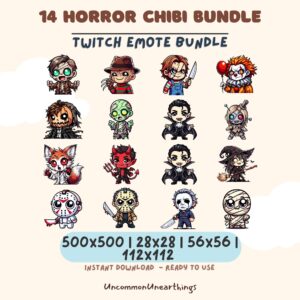 14 Horror Chibi Twitch Emotes Bundle featuring cute zombie, vampire, clown, and killer character designs in multiple sizes.