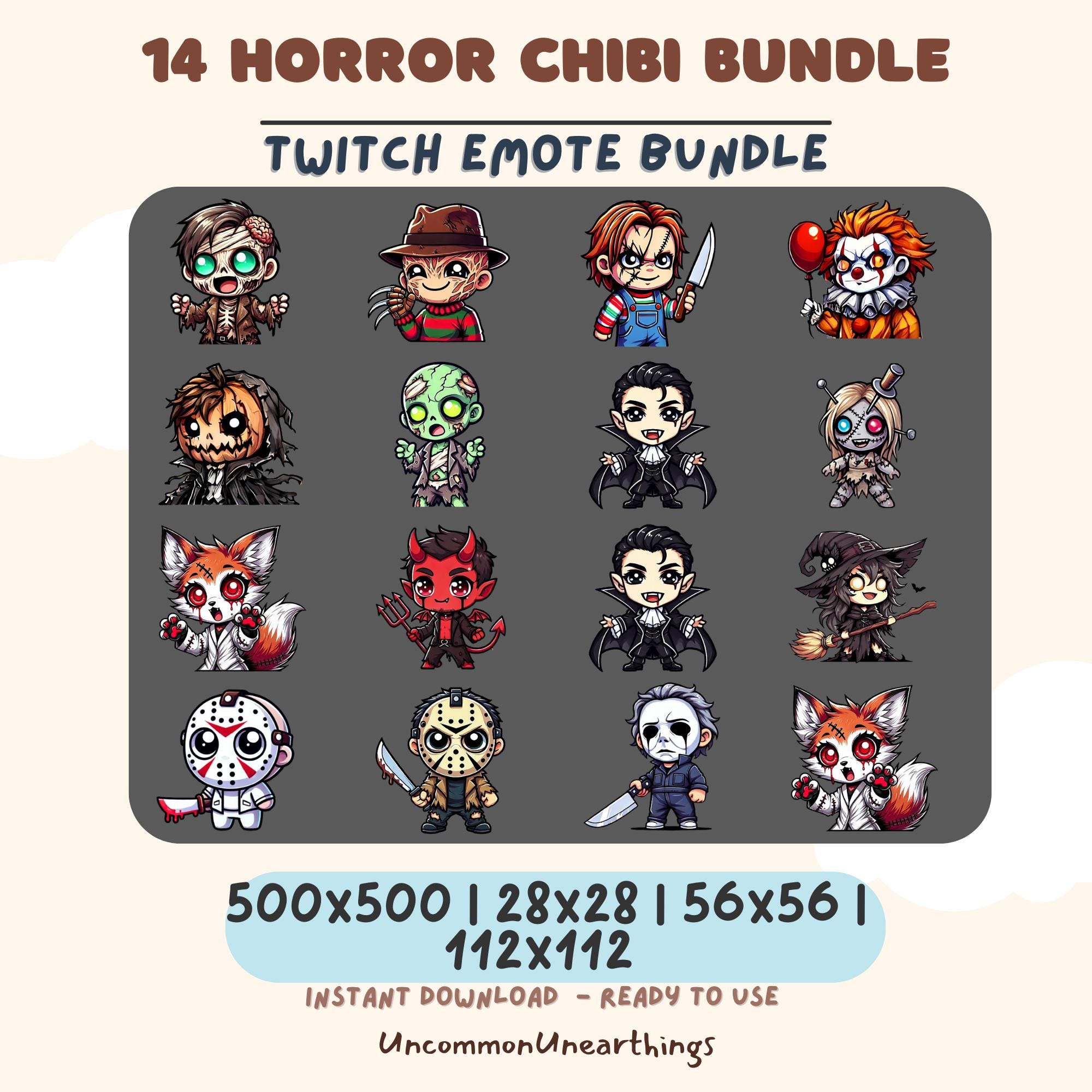 14 Horror Chibi Twitch Emotes Bundle - Freddy, Jason, Chucky, Pennywise & More Characters