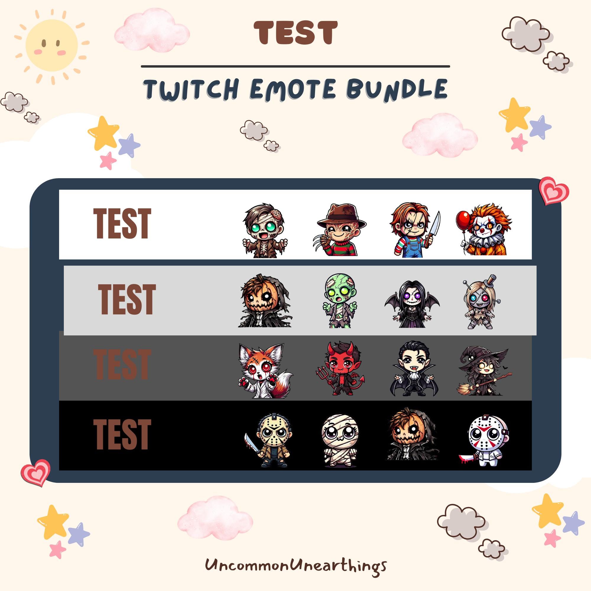 Horror-themed Twitch emote bundle featuring cute cartoon versions of classic movie killers and monsters in 5 rows