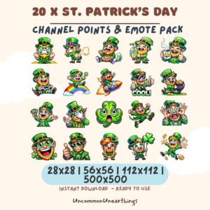 St. Patrick's Day leprechaun emote pack with 20 cute cartoon characters in green hats for Twitch and Discord channels