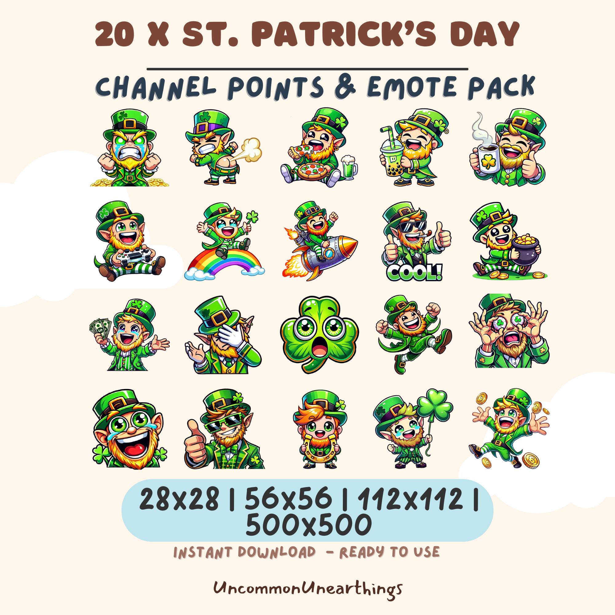 St. Patrick's Day leprechaun emote pack with 20 cute cartoon characters in green hats for Twitch and Discord channels