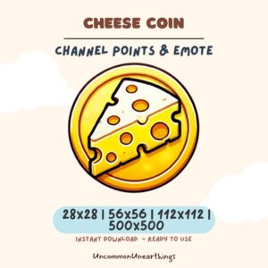 Cheese coin emote for Twitch and Discord, yellow gold coin with cheese slice design, channel points reward emote asset