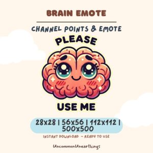 Brain emote with pleading eyes for Twitch and Discord, cute pink character design, instant download in multiple sizes.