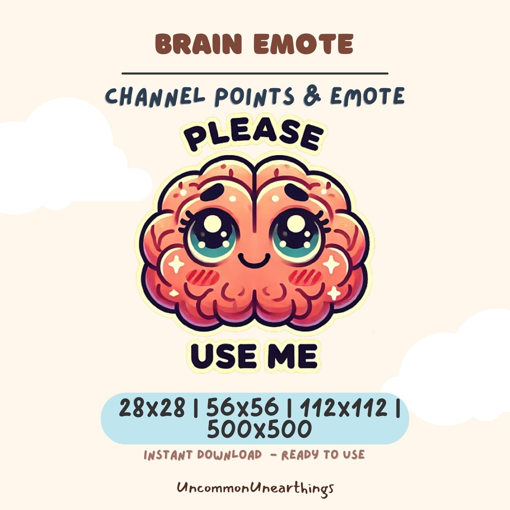 Cute brain emote with big eyes and pleading expression for Twitch Discord channels, instant download PNG files available i...