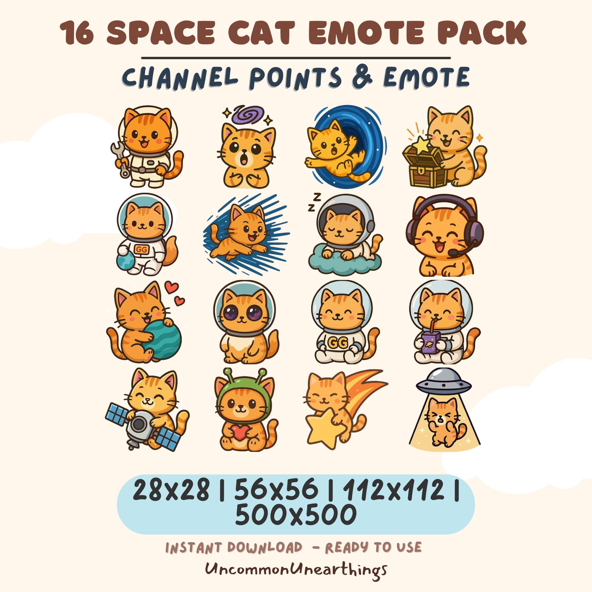 16 space cat emote pack for Twitch and Discord featuring adorable orange cats in astronaut suits, spacesuits, and cosmic t...