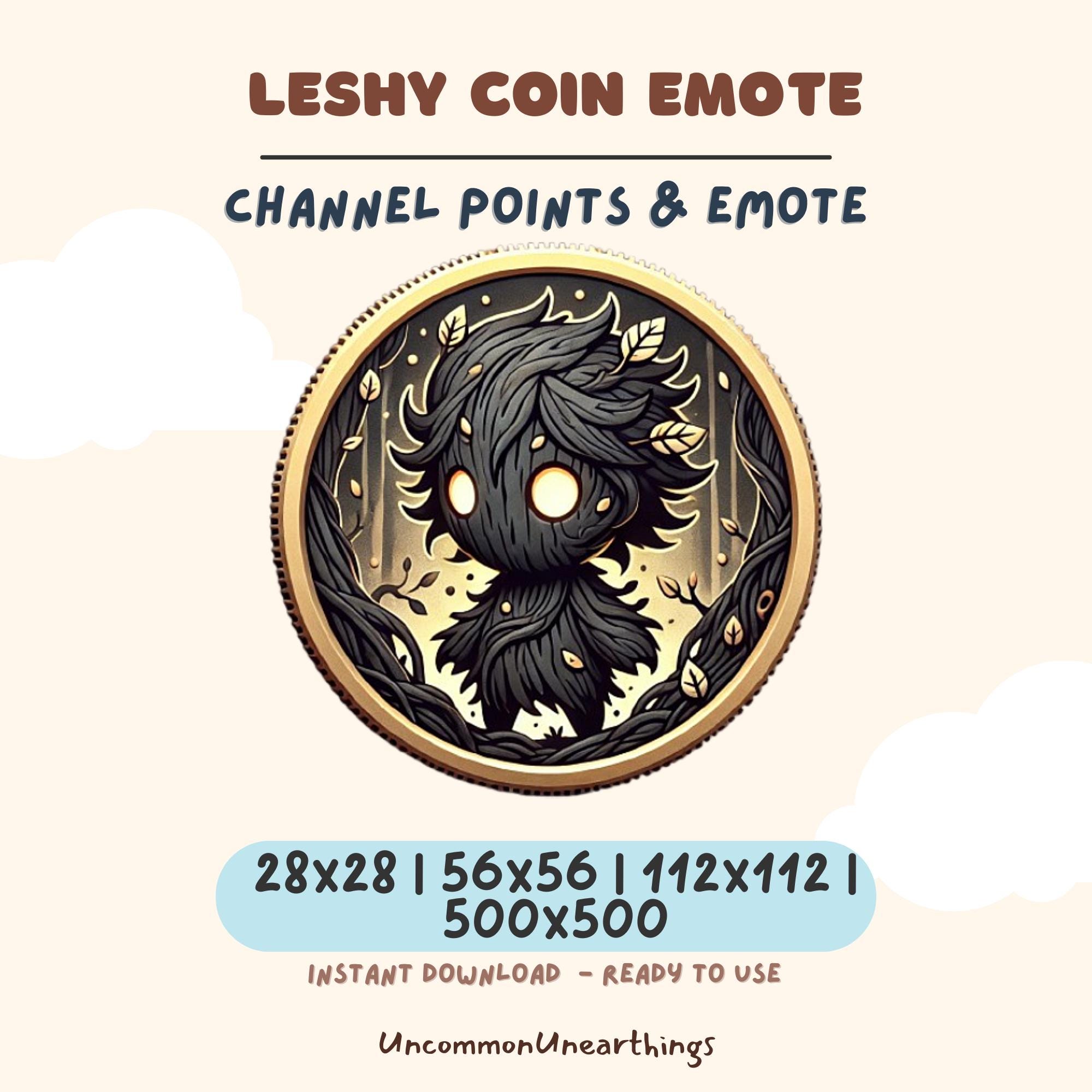 Leshy coin emote for Twitch and Discord, dark fantasy character design in gold and black circular badge format