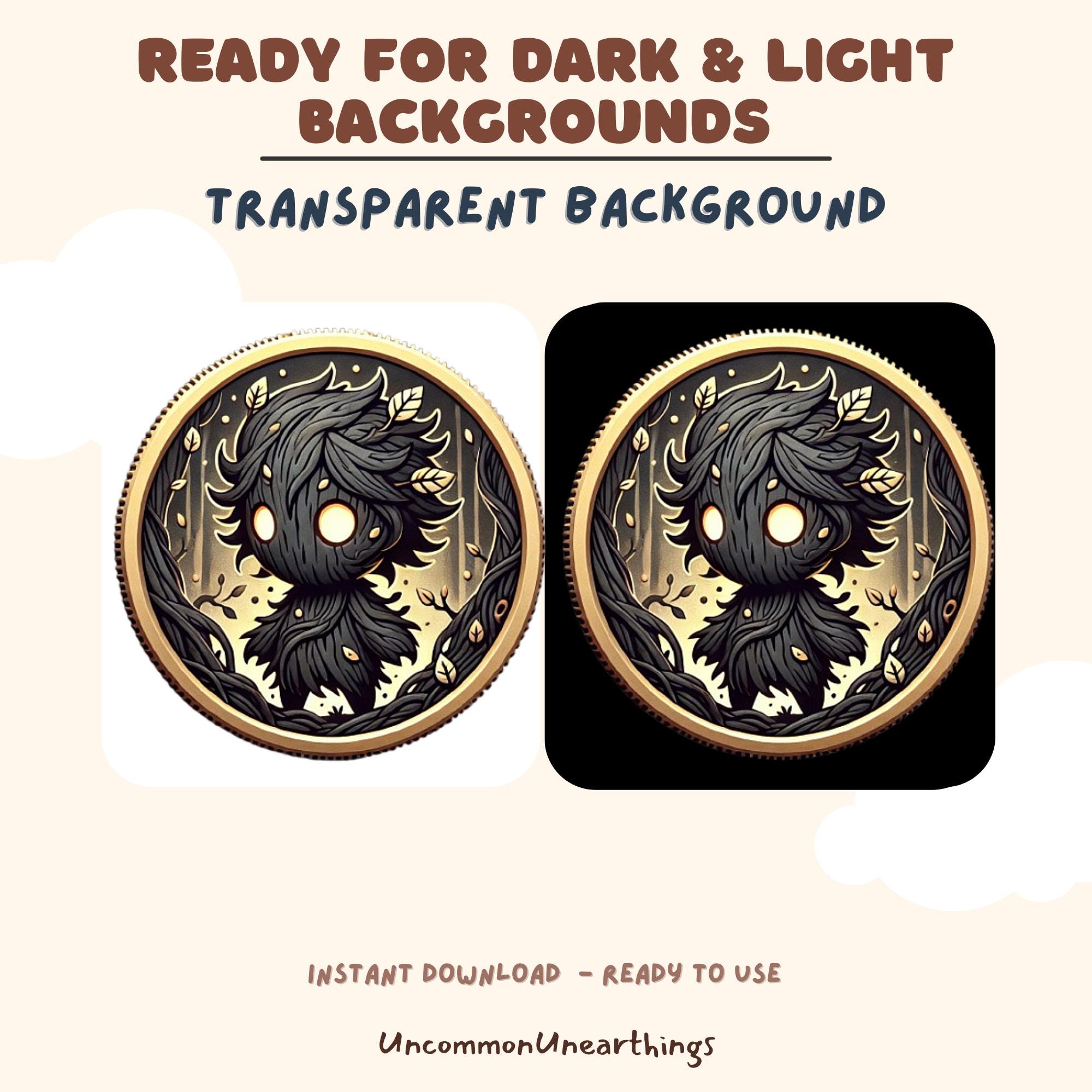 Dark forest spirit coin emote with transparent background, ready for light and dark themes, instant download