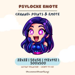 Psylocke animated emote for Twitch and Discord, vibrant purple character with glowing eyes, available in multiple sizes