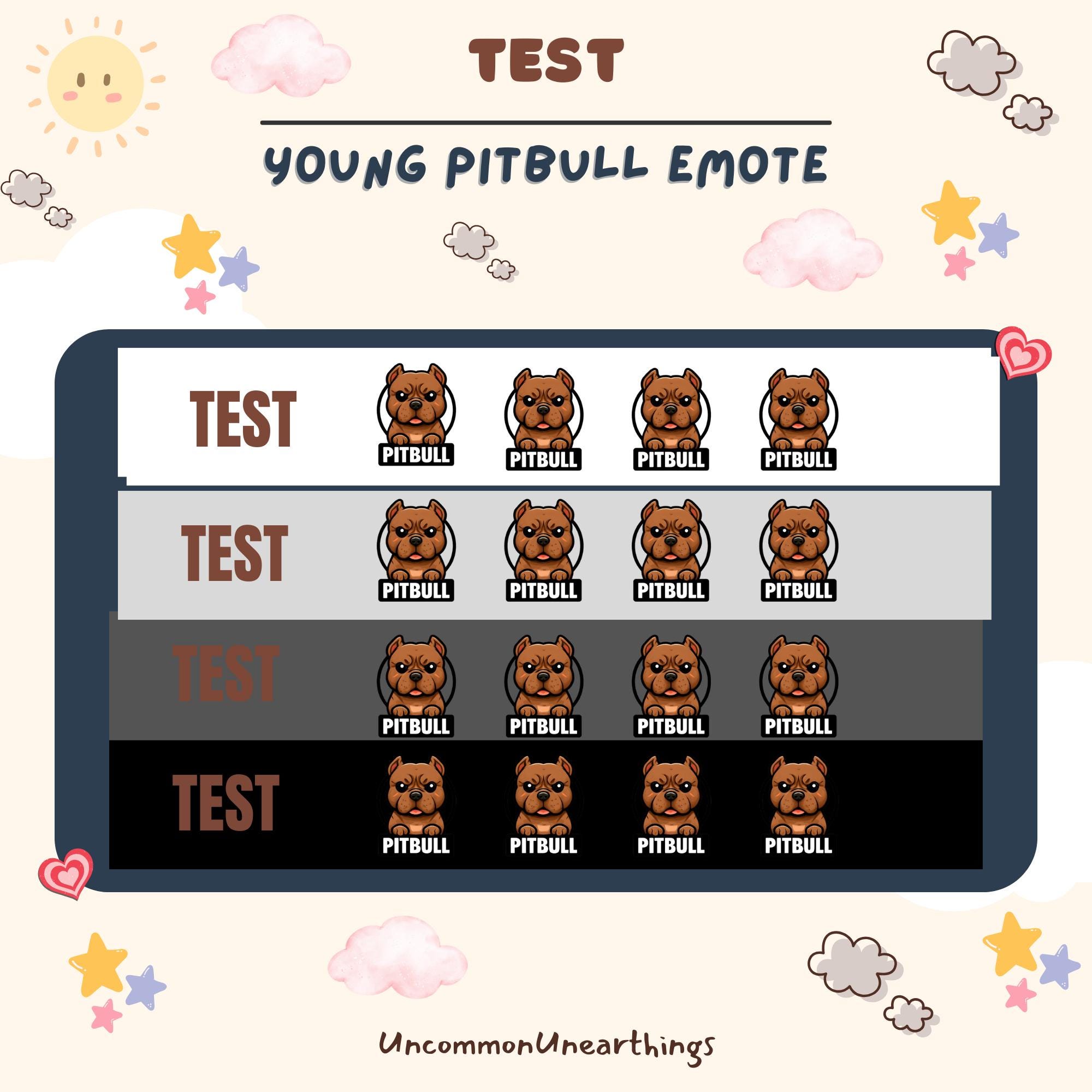 Young Pitbull emote test sheet with four expressions on white, gray, and black backgrounds