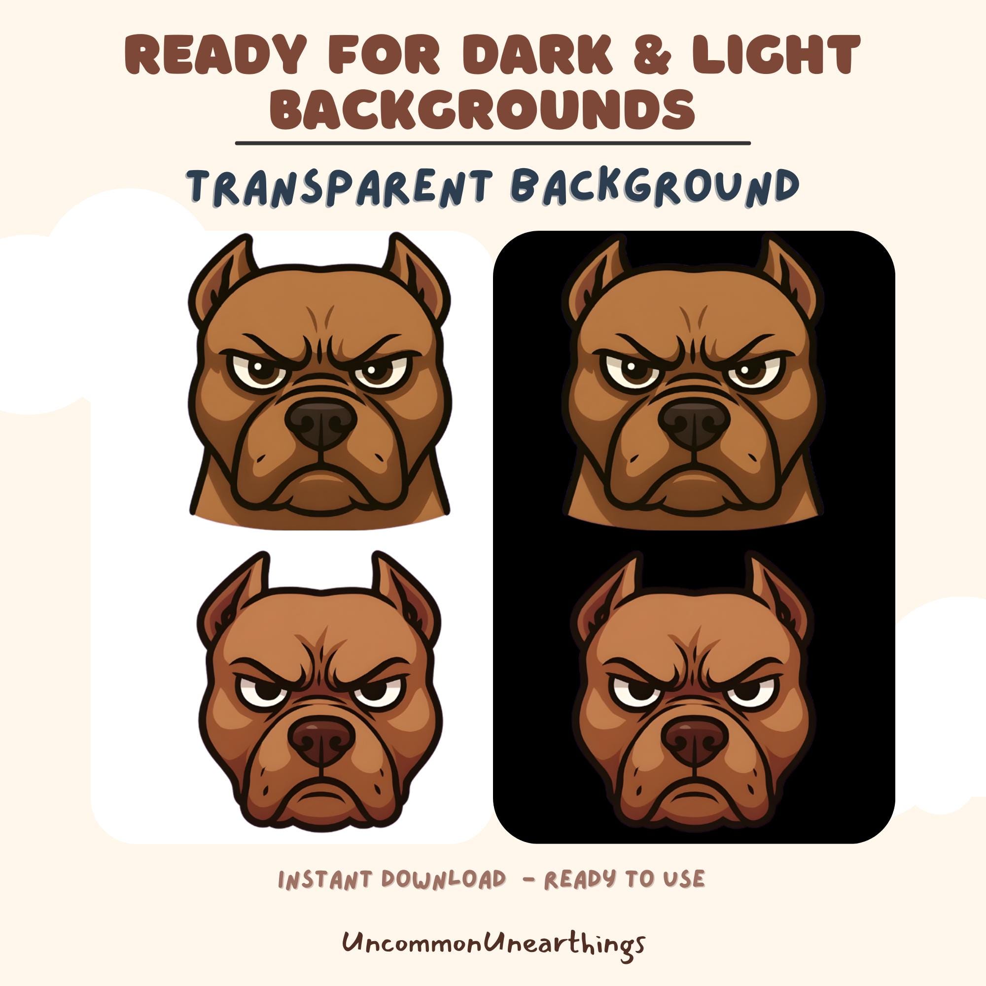 Angry pit bull dog head emote with transparent background, ready for dark and light backgrounds, instant download