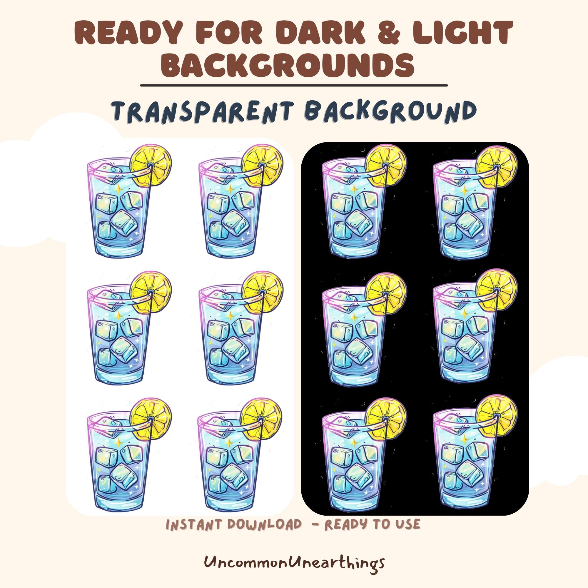 Transparent drink emote clipart with lemonade glasses, ready for light and dark backgrounds, instant download