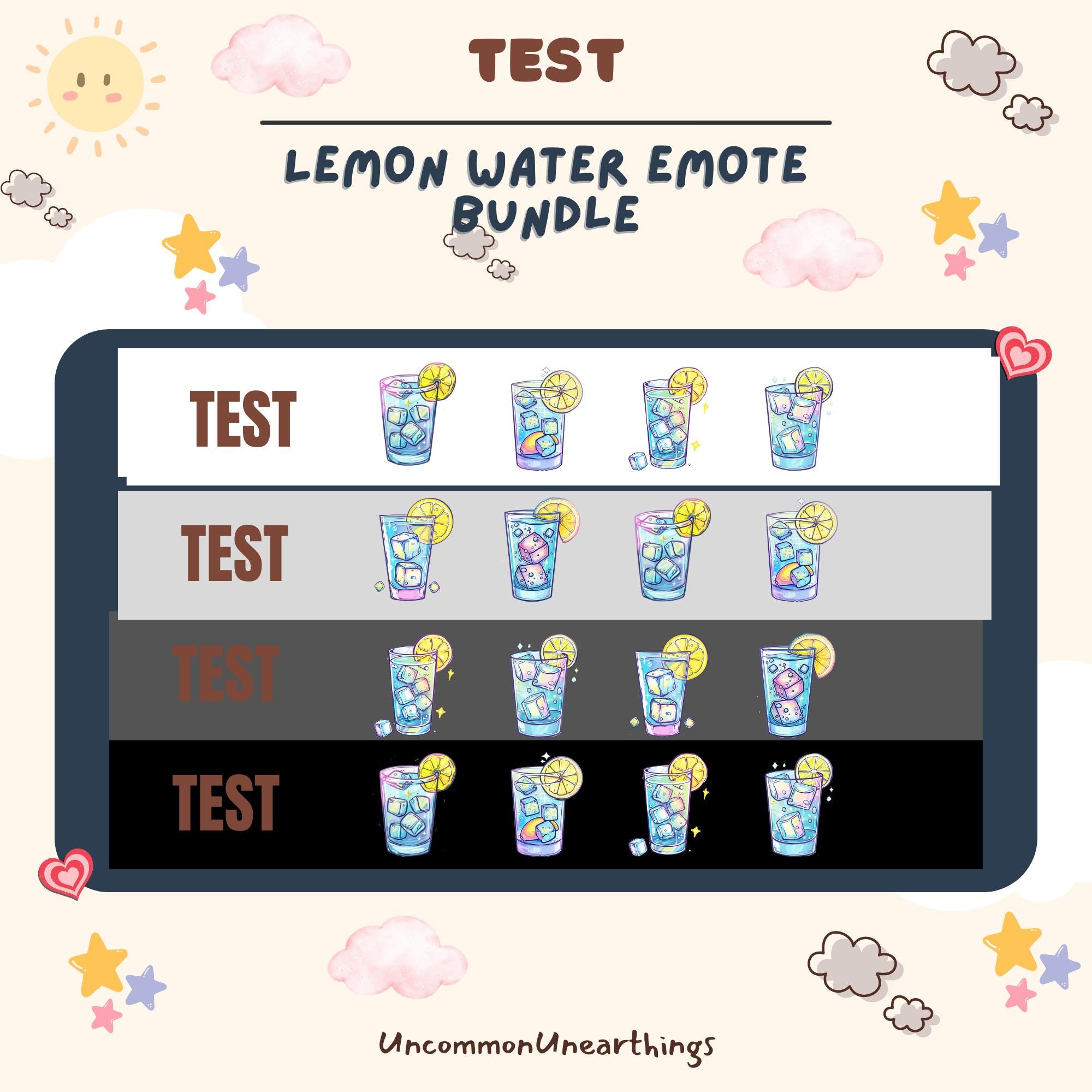 Lemon Water Emote Bundle test display showing 4 animated lemonade drink variations with different colors and effects
