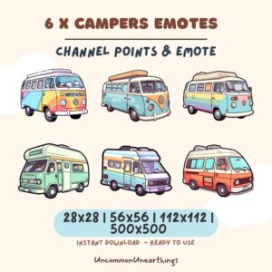 6x Colorful Camper Van Emotes for Twitch Discord - Retro RV Emojis in Multiple Sizes