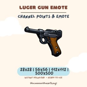 Luger gun emote for Twitch and Discord channels in multiple sizes 28x28 to 500x500 pixels