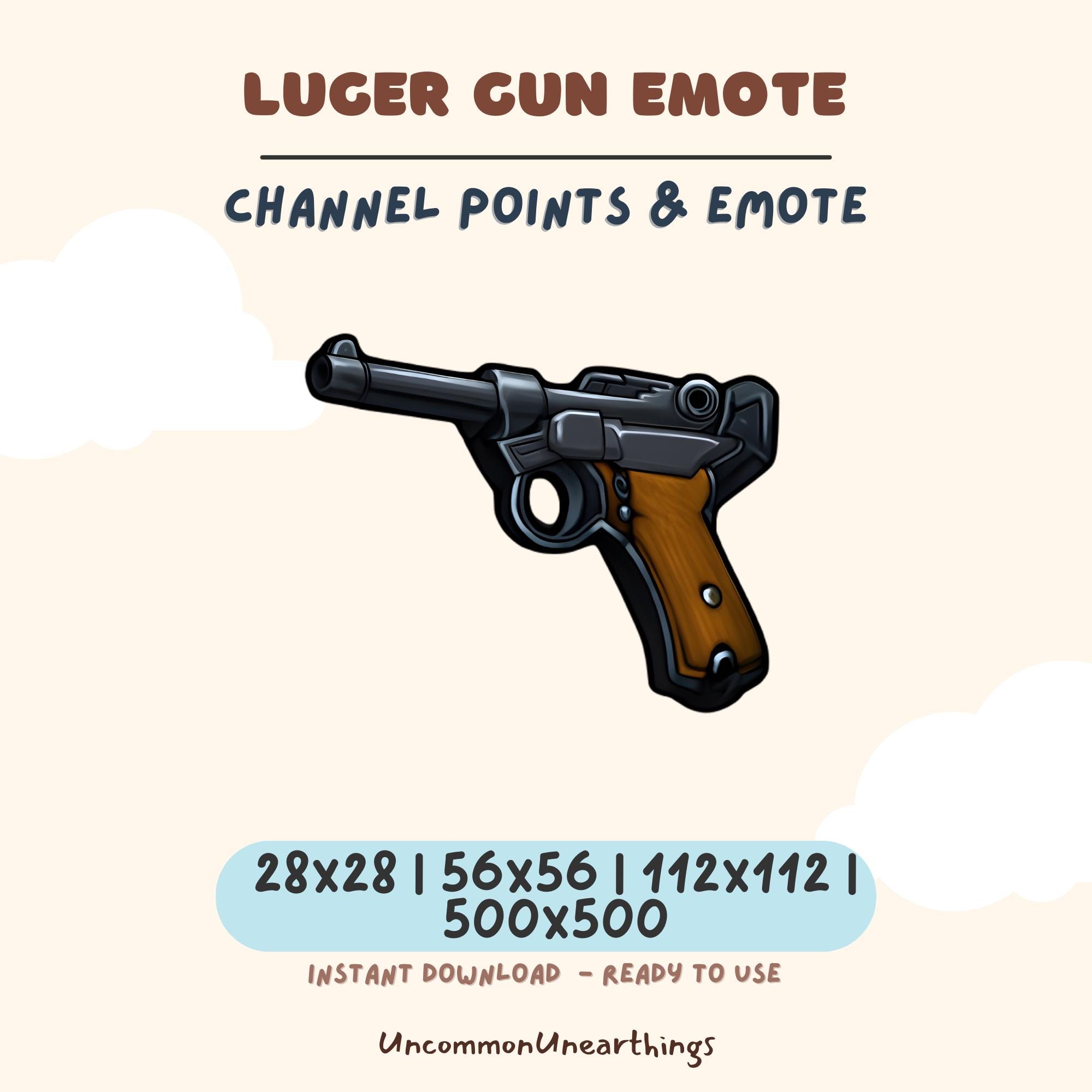 Luger gun emote for Twitch and Discord channels in multiple sizes 28x28 to 500x500 pixels
